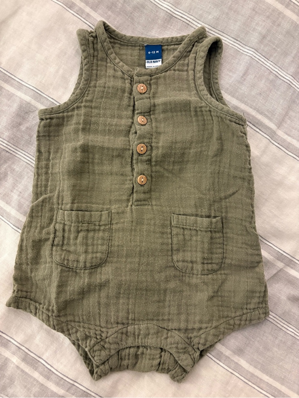 Old Navy 6-12M Olive Green Gauze Baby Tank Romper